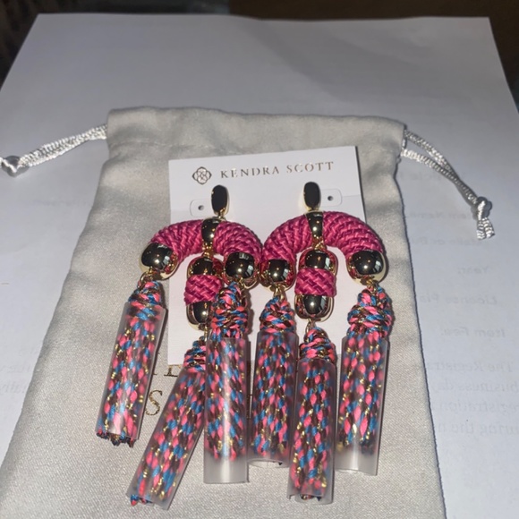 REG $150 GORGEOUS BRAIDED CORD STATEMENT EARRINGS WITH TASSELS - GOLD PINK MIX - Picture 6 of 7